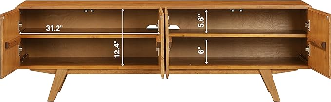NTC Sapa Mid-Century Modern Solid Wood TV Stand 4-Door Media Console with Carved Geometric Fronts for TVs up to 75", Effortless Assembly, Teak Look-Ruum Studio Home