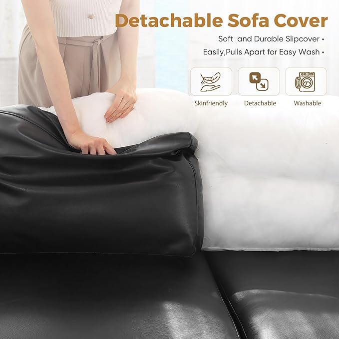 Faux Leather Single Sofa with Storage Ottoman, Modern Accent Chair Deep Seat Large Reading Armchair, Chaise Lounge Chair for Living Room Bedroom Office Black-Ruum Studio Home