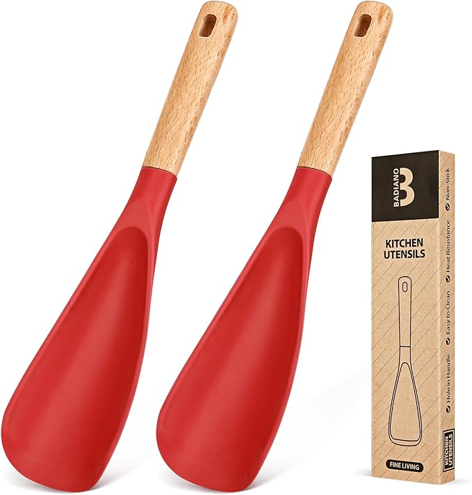 Cooking Spoon for Nonstick Cookwares, Great for Cooking and Serving Sturdy BPA-Free Matte Silicone, Wood Handle Spoon for Mixing, Scoop, and Scrape (2 Pack of Red, 11.4 inch)-Ruum Studio Home