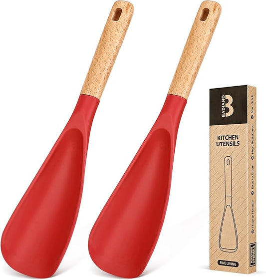 Cooking Spoon for Nonstick Cookwares, Great for Cooking and Serving Sturdy BPA-Free Matte Silicone, Wood Handle Spoon for Mixing, Scoop, and Scrape (2 Pack of Red, 11.4 inch)-Ruum Studio Home