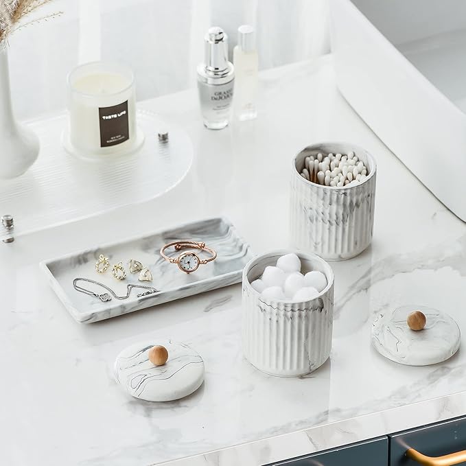 Marble Small Bathroom Jar Set ，Ceramic Cotton Swabs Holder with Lid and Dresser Organizer Set Tray for Storage and Organizing in Bathroom, Dresser, Kitchen, Office-Ruum Studio Home