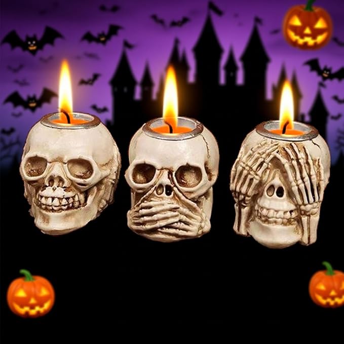 Halloween Skull Candle Holder, Skeleton Head Candlestick Holders Table Decor Centerpiece Candlesticks, Resin Horrible Spooky Creepy Crafts for Flameless Candle Halloween Christmas Home Party, Set of 3-Ruum Studio Home