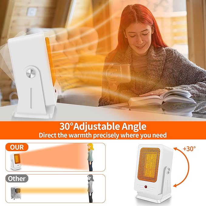 Portable Space Heaters for Indoor Use,Desktop Heater with 900W PTC 2s Fast Heating, 30° Adjustable Angle Design Small Electric Heater Lightweight for Personal, Office,Room,White-Ruum Studio Home