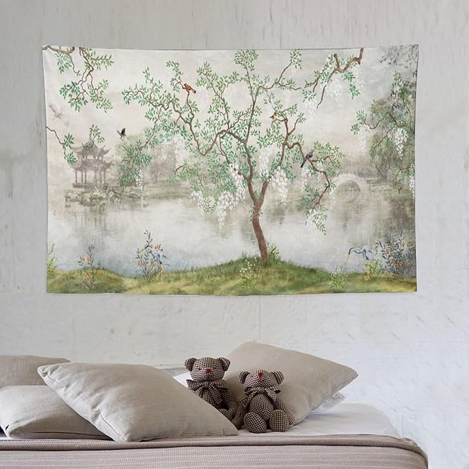 HZOHNAGO Japanese Tapestry Tree Misty Garden Lake Printed Wall Tapestry Ink Painting Wall Hanging for Bedroom Living Room Dorm 60" W x 40" H-Ruum Studio Home