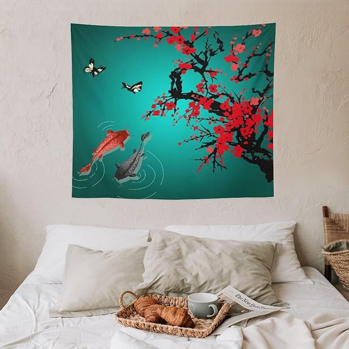 Houselerax Japanese Koi Fish Tapestry, Cherry Blossoms Asian Oriental Green Teal Floral Branch Koi Fish Carp Tapestries Wall Hanging for Bedroom Living Room Office Decor 60"x50"-Ruum Studio Home