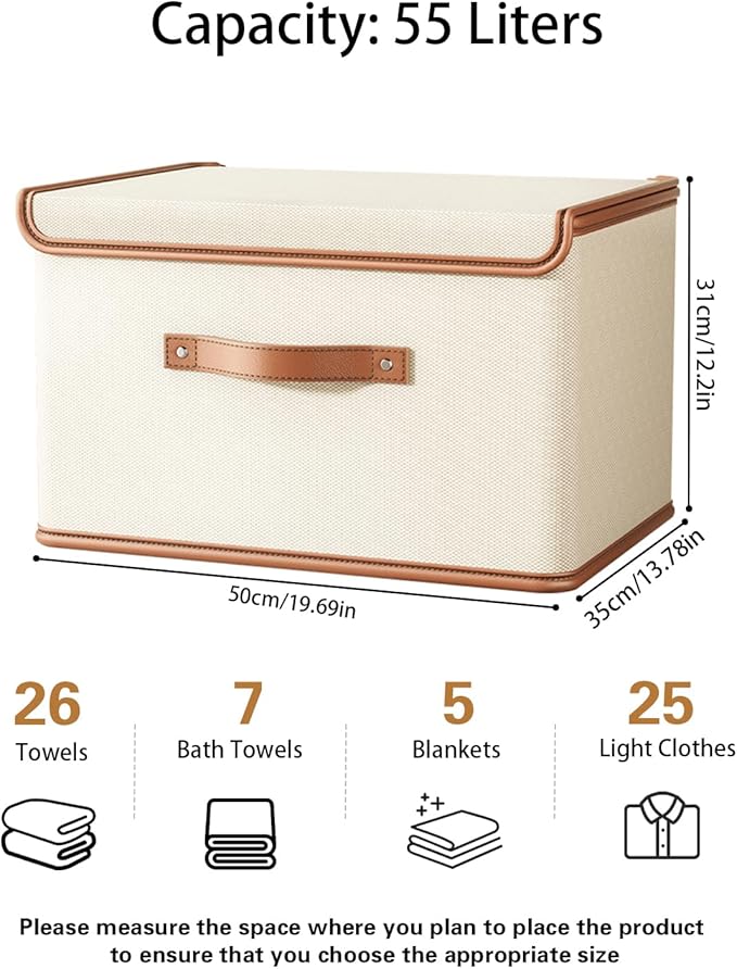 Tuza 4 Pack Storage Bins with Lids, Collapsible Closet Organizer Container, Fabric Organizer Box with Handles, Decorative Storage Boxes with Lids for Organizing Clothes, Blanket, White, Extra Large-Ruum Studio Home