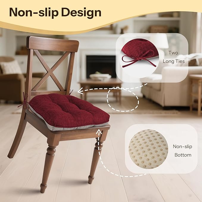 Non Slip Chair Cushions for Dining Chairs Set of 4 Kitchen Chair Cushions 18"x18"x3" Turfted Chair Pads Comfortable and Soft Seat Cushion with Ties, Burgundy-Ruum Studio Home