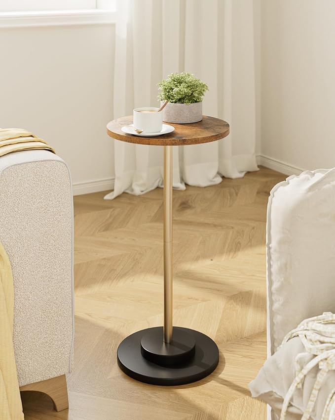 Masupu Drink Table, Round Side Table for Small Spaces, Pedestal Small End Table with Metal Base, for Living Room, Bedroom, Bathroom, Rustic Brown-Ruum Studio Home