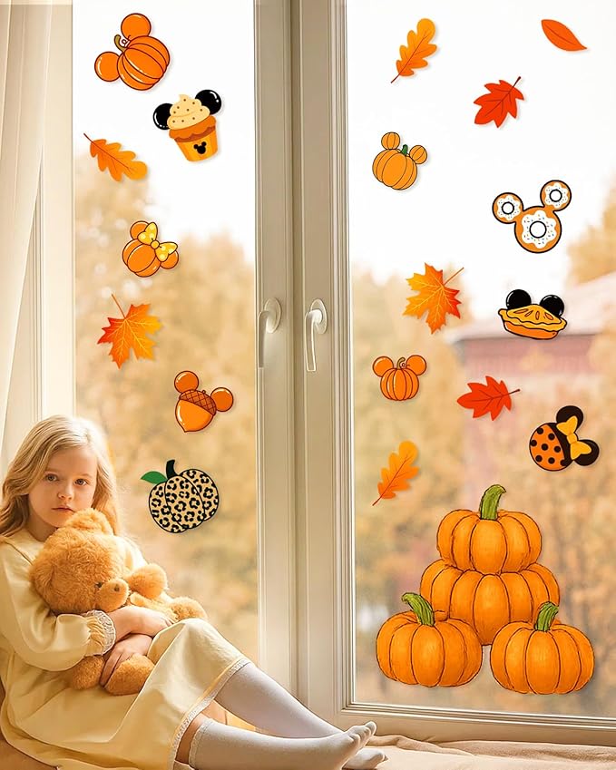 Fall Window Clings - 9 Sheets 149 Pcs Fall Decorations for Autumn Thanksgiving Harvest Home Party, Pumpkin Leaves Car Maple Castle Acorns Stickers for Glass, Double-Sided Static Window Decals-Ruum Studio Home