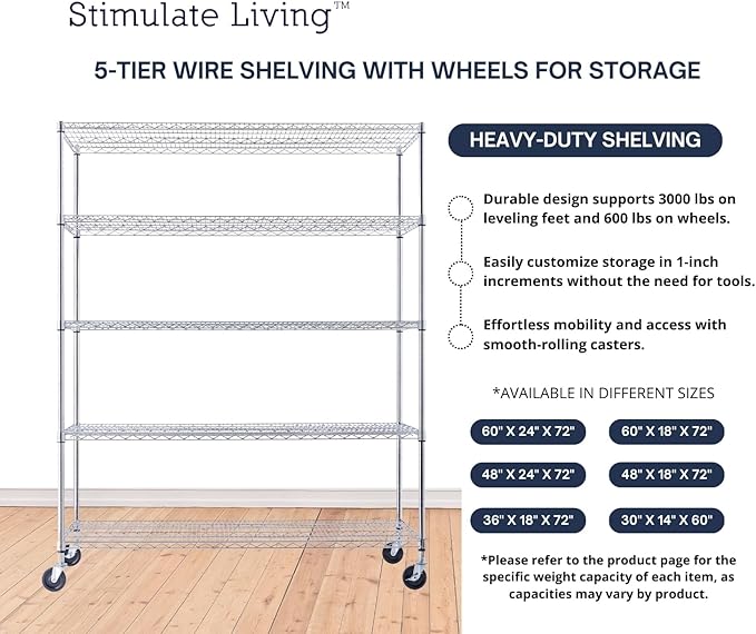 60"x24"x72" PRIME HEAVY DUTY Chrome 5-Tier Wire Shelving NSF 3000 LBS MAX Capacity Storage Rack for Commercial, School, Home, Garage, Warehouse, Industrial, and Hospital Uses (with Wheels)-Ruum Studio Home