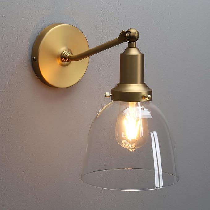 PERMO Industrial Vintage Slope Pole Wall Mount Single Sconce with 6.7" Oval Dome Clear Glass Shade Wall Sconce Light Fixture (Antique Gold)-Ruum Studio Home