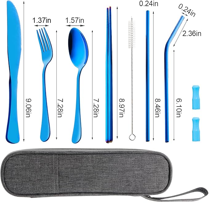 Travel Utensils Set with Case Reusable Portable Cutlery Set Stainless Steel 8pcs Including Dinner Knife Fork Spoon Chopsticks straws(Blue)-Ruum Studio Home