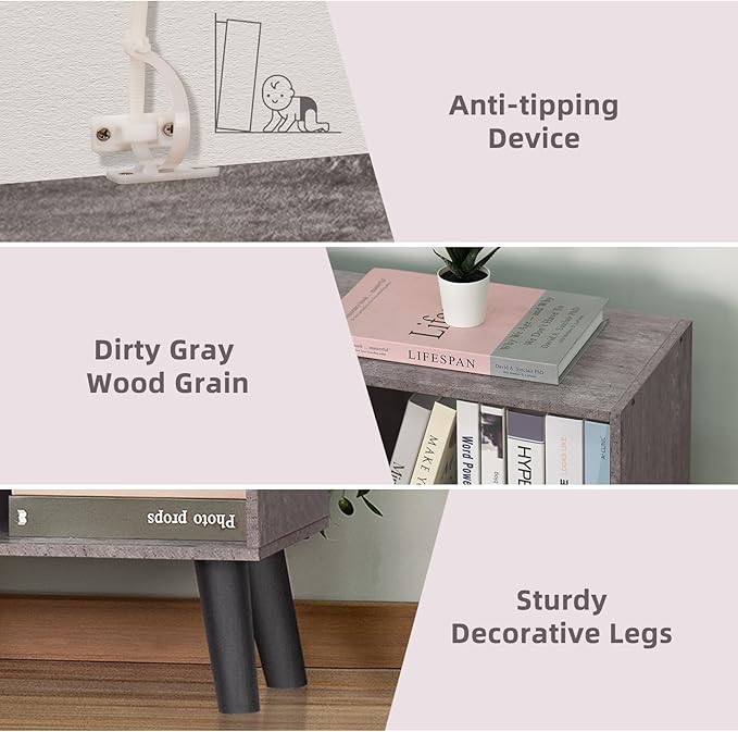 LEYAOYAO 8 Cube Bookshelf,Farmhouse Bookcase with Legs,Modern Dirty Grey Mid-Century Bookshelves,Large 3 Tier Open Storage Organizer Shelf, Retro Wood Display Book Case-Ruum Studio Home