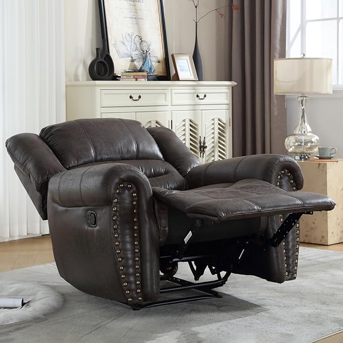 CANMOV Leather Recliner Chair, Classic and Traditional Manual Recliner Chair with Comfortable Arms and Back Single Sofa for Living Room, Dark Grey-Ruum Studio Home