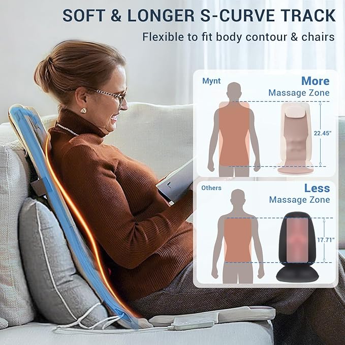 Mynt FSA HSA Eligible Foldable Back Massager, Chair Massager with Soothing Heat, Flexible Massage Chair Pad with Soft S-Curve Longer Track Adjustable Pillow for Diverse Body Contours, FSA/HSA Approved-Ruum Studio Home