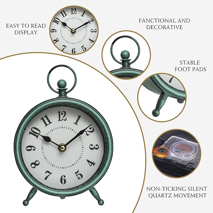 Vintage Small Rustic Green Table Clock on Stand - Decorative Desk and Shelf Clock, Battery Operated, Silent Non-Ticking Timepiece Perfect for Office, Living Room, and Bedroom Decor-Ruum Studio Home