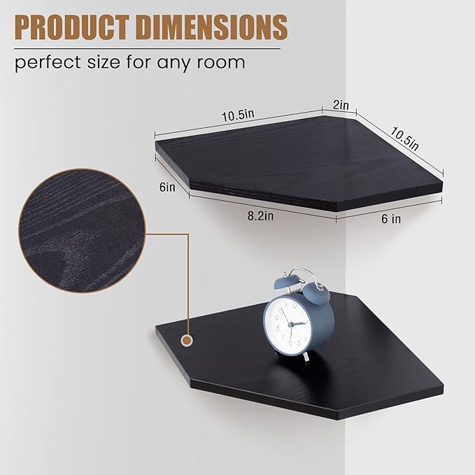 Corner Shelf Wall Mount, Floating Corner Shelves, Set of 4 Corner Wall Shelf Organizer, Rustic Wood Wall Storage Display Shelves for Living Room Bedroom Bathroom Kitchen, Classic Black-Ruum Studio Home
