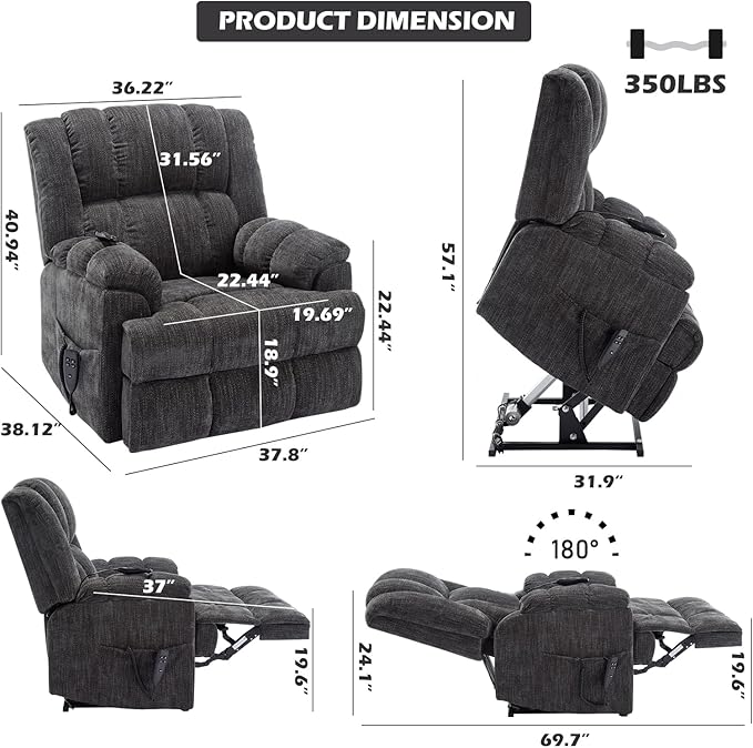 Power Lift Chair with Vibration Massage Heat for Elderly People, Dual Motor Electric Lay Flat Recliner Chair with Power-Remote, Standing Assistance Reclining, Chenille Dark Gray-Ruum Studio Home