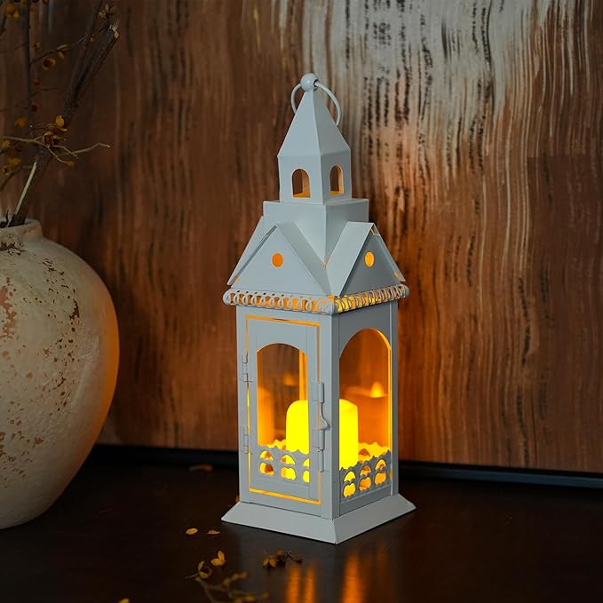 TRIROCKS Rustic Style Metal Candle Lantern 12'' High Decorative Outdoor Lantern Candle Holder with Tempered Glass House Shape for Home Living Room Garden Patio Parties Indoors Outdoors (White)-Ruum Studio Home