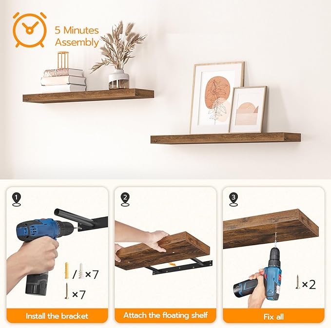 HOOBRO Floating Shelves for Wall, Wall Mounted Shelf Set of 2, 31.5" Hanging Shelf with Invisible Brackets, for Wall in Bathroom, Bedroom, Toilet, Kitchen, Living Room, Office, Rustic Brown BF80BJP201-Ruum Studio Home