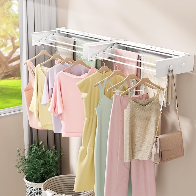 Wall Mounted Drying Rack with 4 Hooks and Shelf, Foldable Clothes Drying Rack for Laundry Room, Collapsible Laundry Rack Wall Mount, for Indoor Outdoor Hanging Clothes, 23.6 Inch-Ruum Studio Home