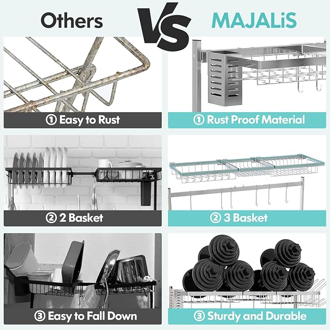MAJALiS Over Sink Dish Drainer Drying Rack, 2 Tier Stainless Steel Dish Rack Over Sink Sink Length Adjustable (33.5-40 in), Expandable Drainer Shelf Rack with Multifunctional Organizers, Sliver-Ruum Studio Home