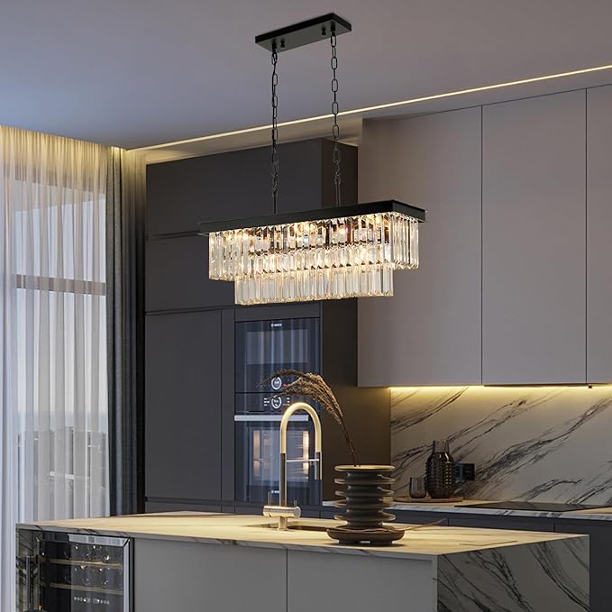 Black Crystal Chandeliers for Dining Room Light Fixtures Over Table，9-Lights Modern Rectangle Chandeliers for Kitchen Island Bar L28 Inch-Ruum Studio Home