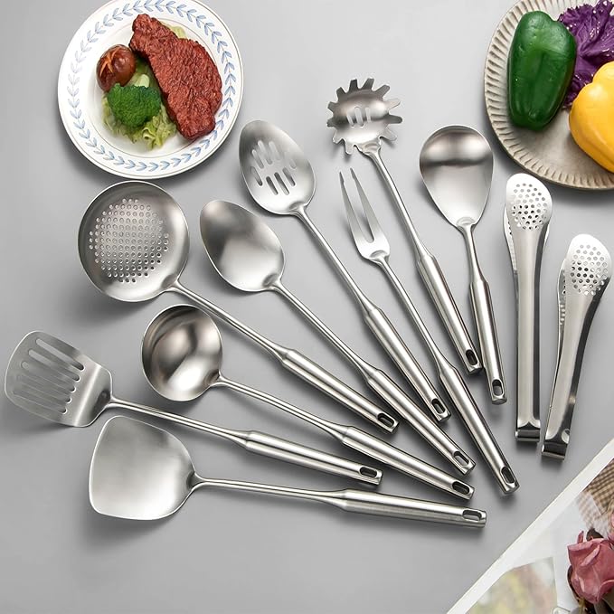 304 Stainlss Steel Kitchen Utensils Set, 11 Pcs Long Metal Cooking Utensil Gadgets Tools Set with Spatula, Ladle, Spoon, Ladle, Skimmer, Tunner, Pasta Server, Tongs(Silver, Dishwasher Safe)-Ruum Studio Home