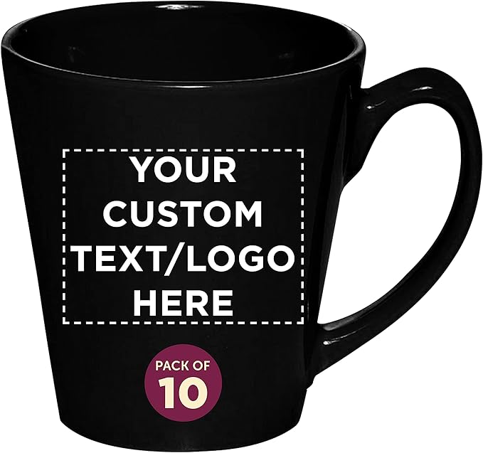 DISCOUNT PROMOS Custom Glossy Ceramic Latte Coffee Mug 12 oz. Set of 10, Personalized Bulk Pack - Perfect for Tea, Espresso, Cappuccino, Hot Cocoa - Black-Ruum Studio Home