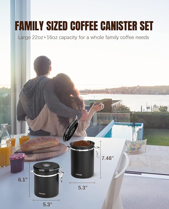 HAIOOU Airtight Coffee Canister, 22OZ +16OZ 2 Piece Stainless Steel Coffee Bean Storage Container with Date Tracker, Measuring Scoop, CO2 Releasing Valves, Mini Tongs for Coffee Bean, Grounds - Black-Ruum Studio Home