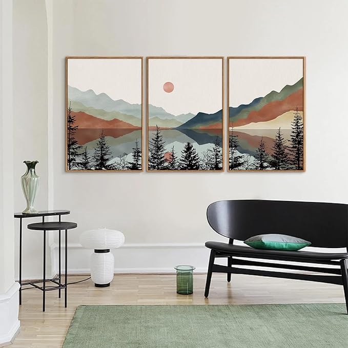 Tinonedraw Boho Mountain Framed Canvas Wall Art Set, Watercolor Nature Landscape Wall Decor, Black Pine Trees Forest Artwork, Neutral Modern Sunrise Art Prints for Living Room Bedroom Office 24"x36"x3-Ruum Studio Home