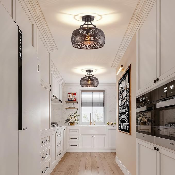 WUZUPS Chandelier Rustic Farmhouse Industrial Round Semi-flushmount Ceiling LED Light Fixture with Later-Cut Openwork Drum Shade, H 11.8" x W 13.4", Oil Rubbed Bronze-Ruum Studio Home