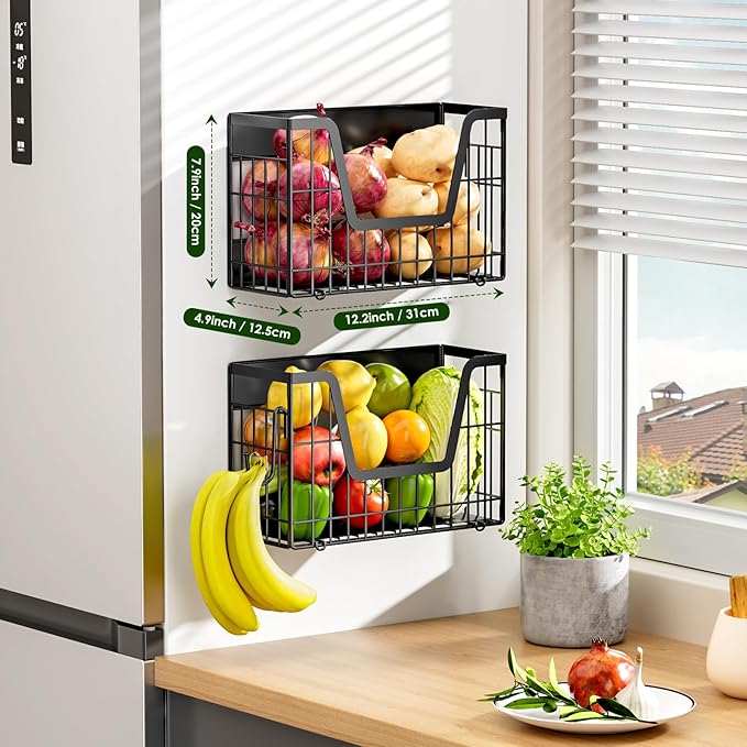 2 Set Magnetic Shelf for Fridge, Potato & Onion Storage Bins, Magnetic Fruit Basket for Refrigerator Pantry Kitchen Counter Laundry, Magnetic Fridge Organizer Spice Snacks Magnet Fridge Shelf-Ruum Studio Home