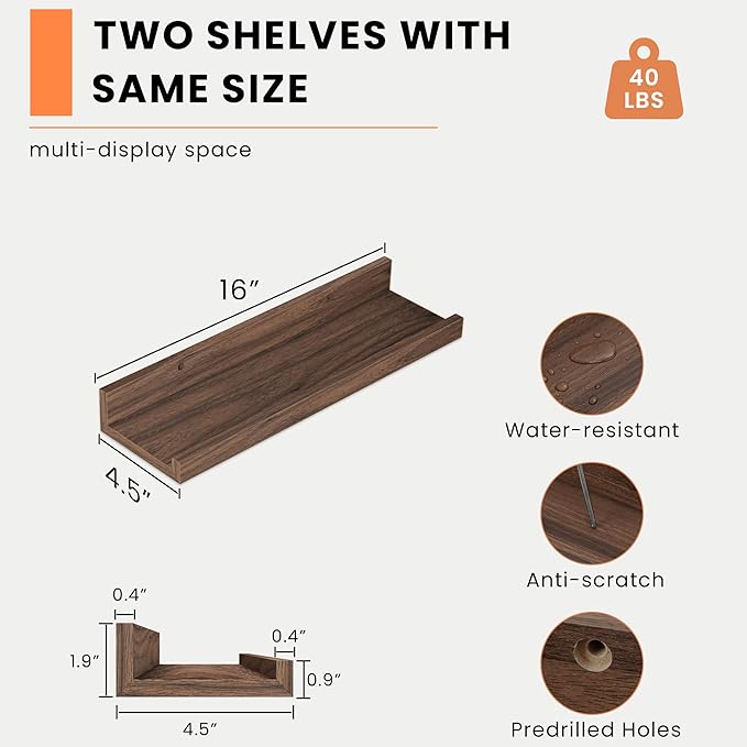 Heimlove Picture Ledge Shelf, Small Floating Shelves Set of 2, 16 Inches Picture Shelf for Wall with Ledge, Kids Bookshelf Wall Mounted for Living Room Bedroom Decor Books Photo Frames, Walnut-Ruum Studio Home