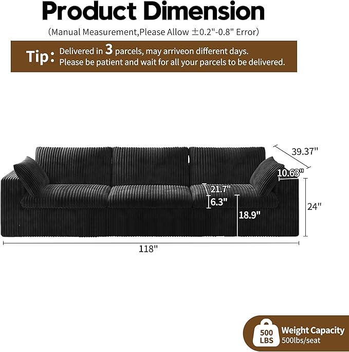 118" 3-Seater Cloud Sofa,Modular Sectional Couch,Modern Deep Seat Upholstered Couches with Plush Corduroy Fabric for Living Room Furniture,Bedroom and Apartment,No Assembly Required,Black-Ruum Studio Home