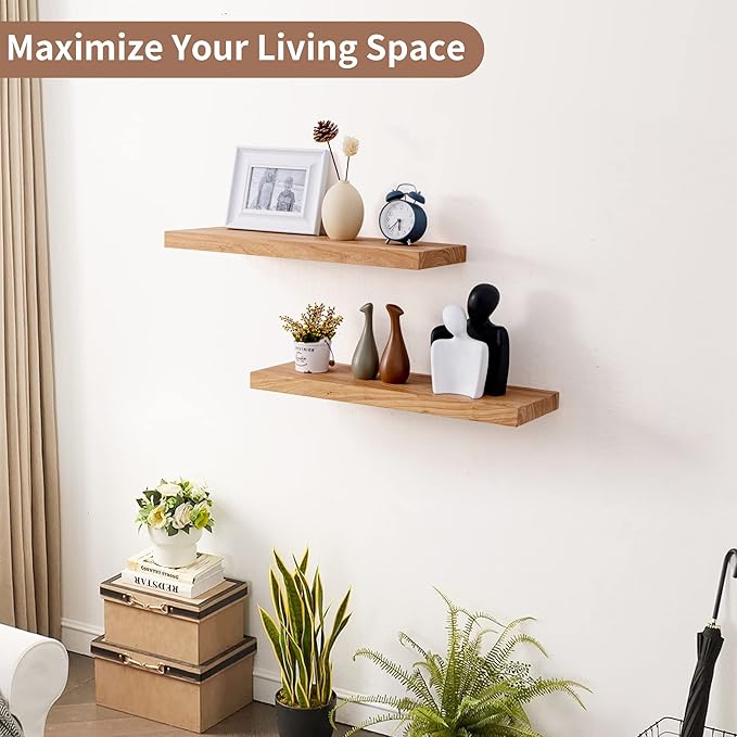 Axeman Floating Shelves for Wall, 24''W x 8'' D Rustic Solid Elm Wood Shelves for Storage, Wall Mounted Display Shelving with Invisible Heavy-Duty Metal Bracket (Natural, 2PCs)-Ruum Studio Home