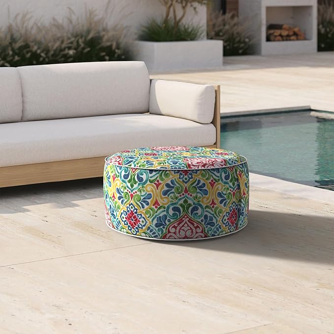 Inflatable Ottoman Stool D21 xH9 for Outdoor/Indoor Use, Water Repellent Patio Foot Rest Stool with Portable Handle,Round Pouf Ottoman Suitable for Garden,Deck and Camping - Damask Red-Ruum Studio Home