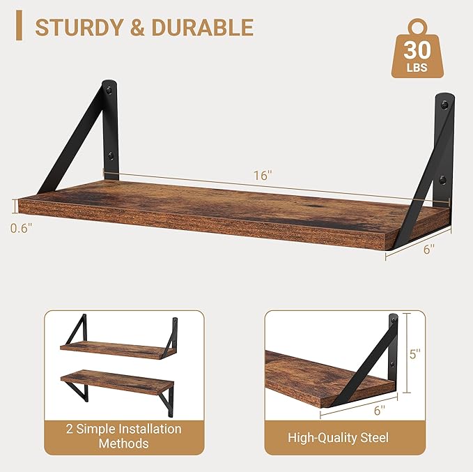 Heimlove Floating Shelves for Wall, 16 Inch Long Wood Floating Shelves Set of 3, Wall Mounted Hanging Shelf for Bathroom Bedroom Kitchen, Rustic Brown-Ruum Studio Home