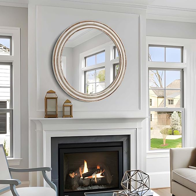 24 Inch Round Mirror - Distressed Vintage Farmhouse Mirror for Bathroom Wall, Living Room, Bedroom & Entryway, Handmade Wood Frame-Ruum Studio Home