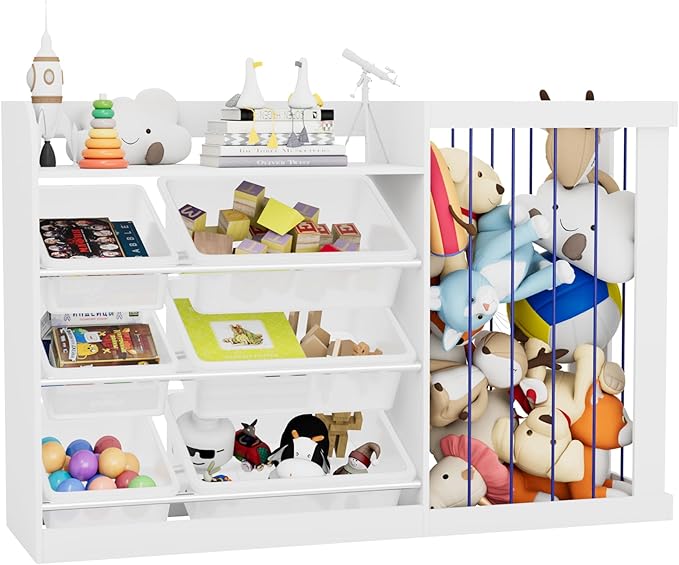 Kids Toy Storage Organizer with 3 Removable Plastic Bins Toddler Montessori Bookshelf with Stuffed Animal Net Holder Baby Bookcase Plush Organizer for Playroom, Bedroom,Kids Room,Classroom,Nursery-Ruum Studio Home