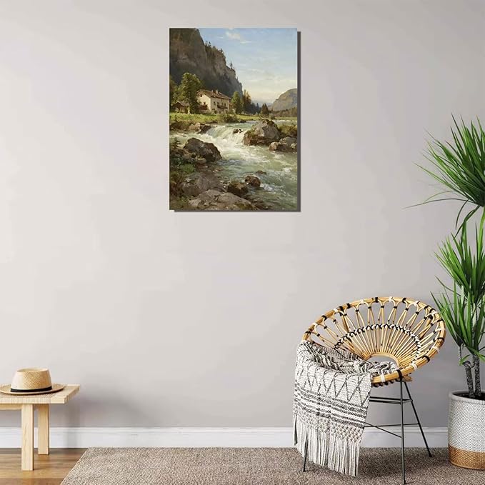 Vintage landscape rural scenery poster art farmhouse cottage wall decor living room kitchen quiet country stream suitable for bedroom bathroom-Ruum Studio Home