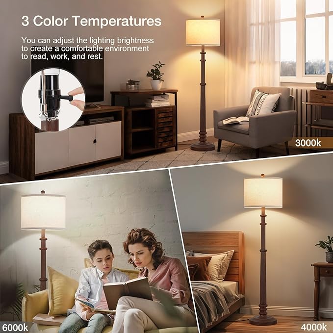 Floor Lamps for Living Room - 60" Resin Farmhouse Floor Lamp with 3 Color Temperatures - Vintage Standing Lamp Reading Light with Linen Shade Tall Lamp for Bedroom Office, Reddish Brown-Ruum Studio Home