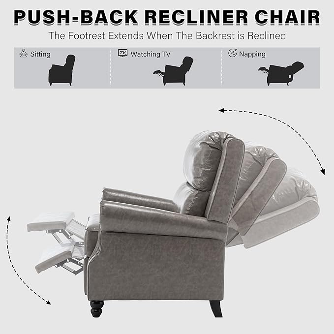 UIXE Pushback Recliner Chair, Faux Leather Armchair Push Back Accent Chair, Rivet Trim Club Chair Home Theater Overstuffed Single Sofa Reading Seat for Living Room, Gray-Ruum Studio Home