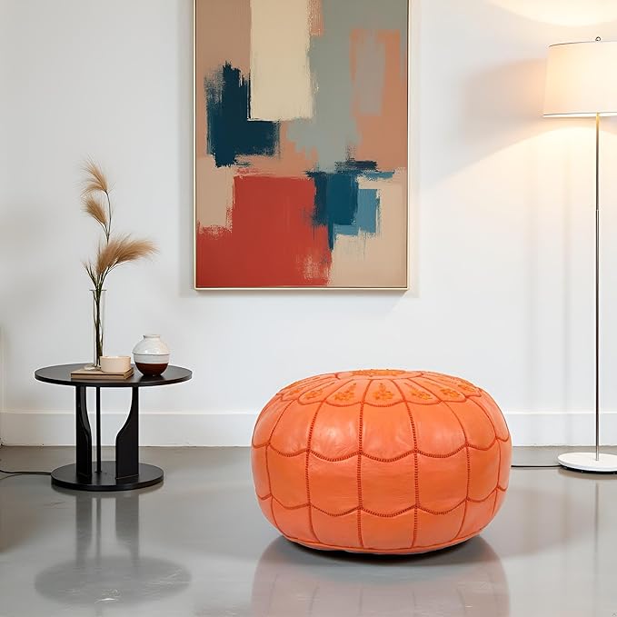 Stuffed Arch Design Moroccan Leather Pouf Ottoman, Handmade, Pre-Filled, 100% Genuine Leather, 14” Height x 22” Diameter – Boho Chic Footstool & Living Room Décor (Orange)-Ruum Studio Home