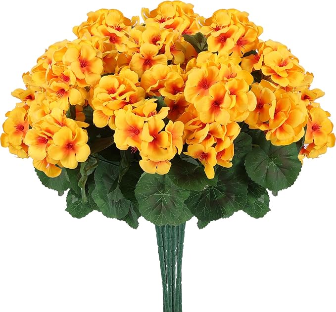 Hananona 12 Pcs Artificial Geranium Flowers for Outdoors Geranium Silk Yellow Flowers Outdoor UV Resistant Garden Plants Faux Fall Flower for Home Kitchen Table Centerpieces Decor (12, Yellow)-Ruum Studio Home