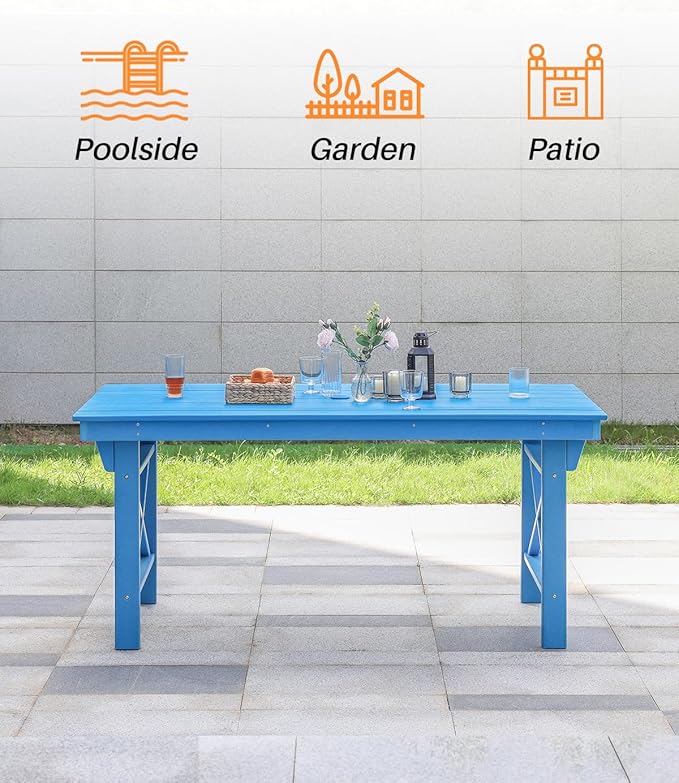 HDPE Outdoor Dining Table, 66.9” Rectangle Patio Dining Table for 6, All-Weather HDPE Outdoor Table with 2.2” Umbrella Hole, HDPE Patio Furniture for Deck, Backyard, Garden, Pool, Sky Blue-Ruum Studio Home