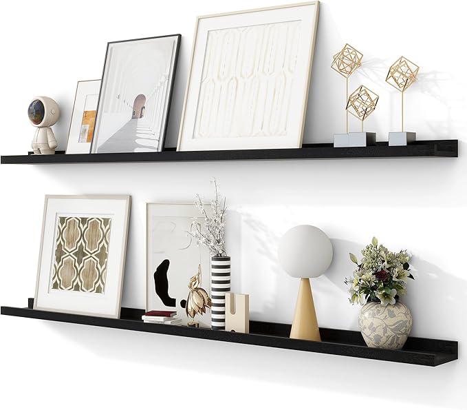 Solid Ash Wood Picture Ledge Shelf, Floating Shelves Set of 2, 56 Inch Long Large Ledge Shelves, Nursery Book Shelves Wall Mounted for Living Room Bedroom Kitchen Decor Kids Bookshelf, Black-Ruum Studio Home