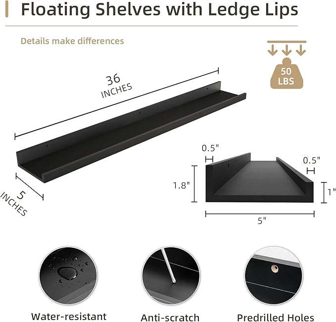 Picture Ledge Shelf, Wood Floating Shelves Set of 2, 36 inch Picture Ledge Shelves, Photo Ledge Nursery Book Shelves Wall Mounted for Living Room Kids' Room Bedroom, Color Black-Ruum Studio Home
