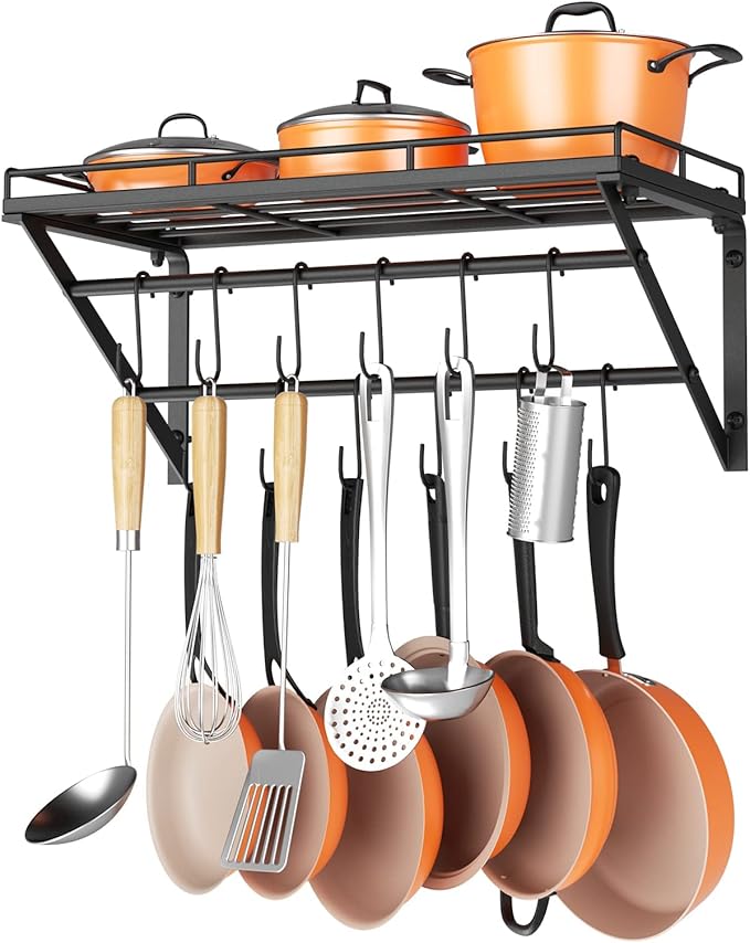 OROPY 23 Inch Wall Mounted Pot Rack Storage Shelf with 2 Tier Hanging Rails 12 S Hooks included, Ideal for Pans, Utensils, Cookware, Plant Black-Ruum Studio Home
