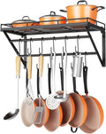 OROPY 23 Inch Wall Mounted Pot Rack Storage Shelf with 2 Tier Hanging Rails 12 S Hooks included, Ideal for Pans, Utensils, Cookware, Plant Black-Ruum Studio Home